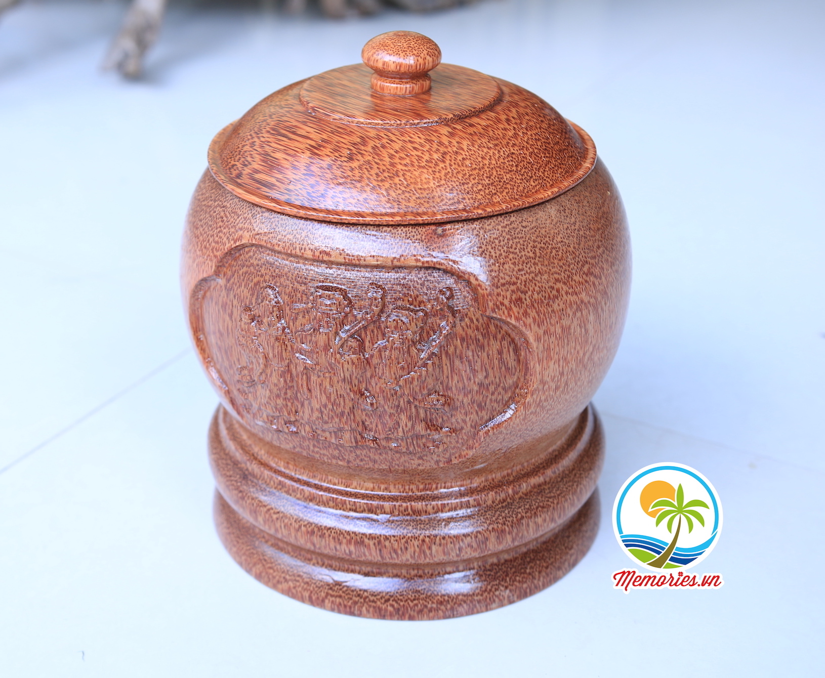 Vỏ Đựng Bình Trà Điêu Khắc "Phúc - Lộc - Thọ" Tinh Xảo Bằng Gỗ Dừa loại 1,5lit - Quà tặng handmade ngày lễ Tết