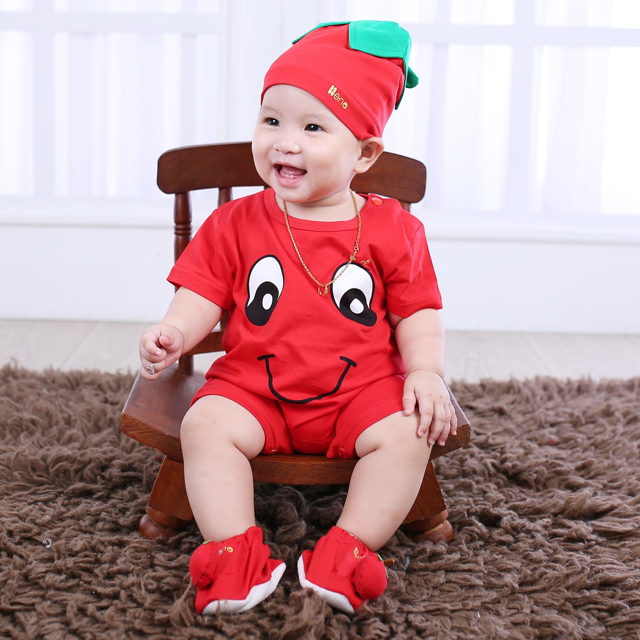 Quần Áo Body Quả Cà Chua Cho Bé Từ 4-15kg - Dòng Cotton Cao Cấp 4 Chiều (Kèm Nón + Vớ)