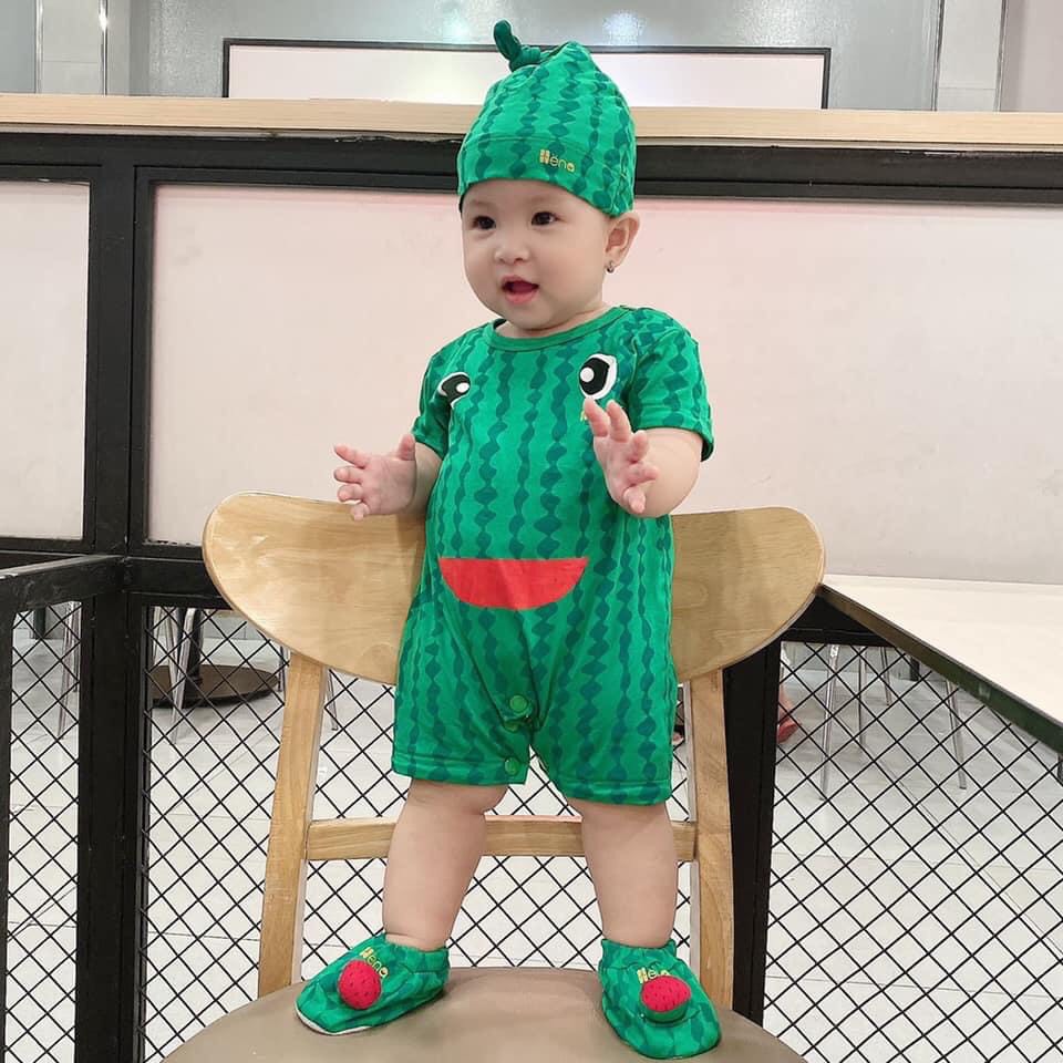 Quần Áo Body Quả Dưa Hấu Cho Bé Từ 4-15kg - Dòng Cotton Cao Cấp 4 Chiều (Kèm Nón + Vớ)