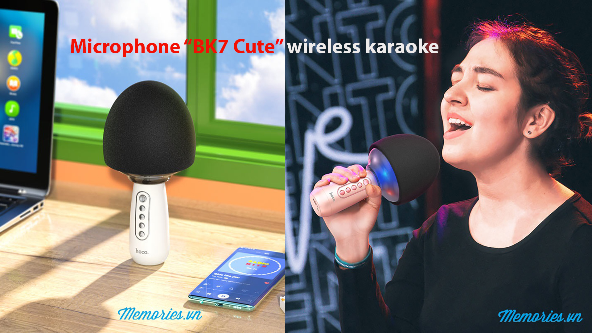 Microphone Karaoke Hoco "BK7 Cute" bluetooth v5.0 - Combo mic, loa không dây chính hãng hình Cây Nấm - Quà tặng người yêu dịp lễ Tết, Noel