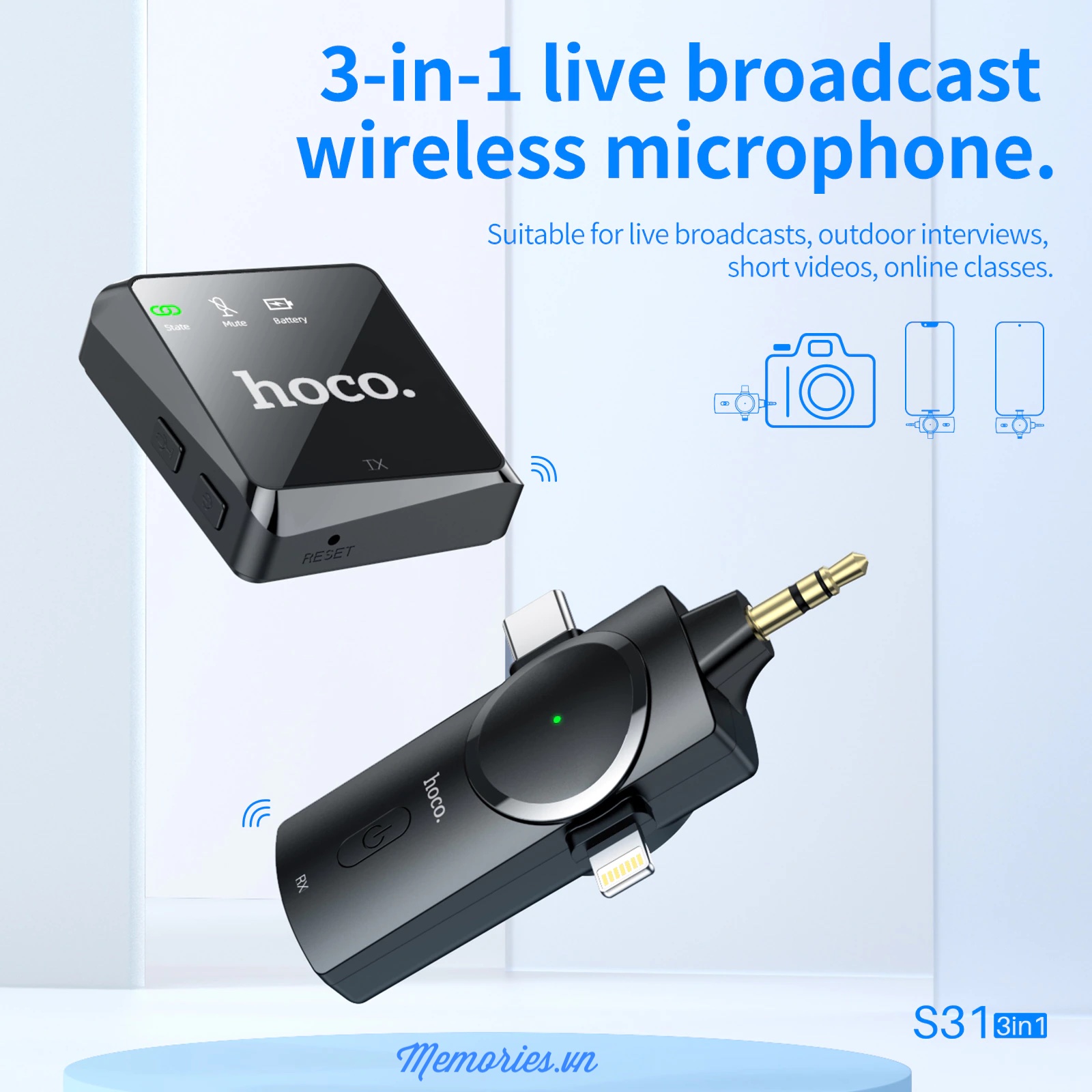 Micro thu âm không dây Hoco S31 3 in 1 (Lightning / Type C / audio) / S19 ENC khử noise Bluetooth 5.0 cho điện thoại, tai nghe chính hãng, quay video